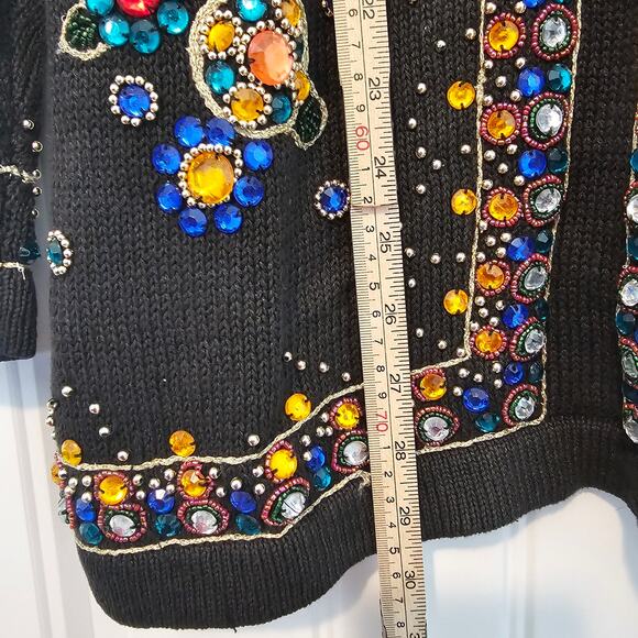 Vintage Beaded Sweater Womens Medium Black 90s Embellished Glam Whimsygoth Retro - Picture 7 of 9